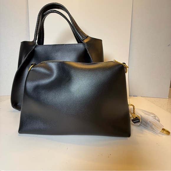 Melie Bianco Megan Minimalist Vegan Leather Tote Set NWT Black - Picture 7 of 16